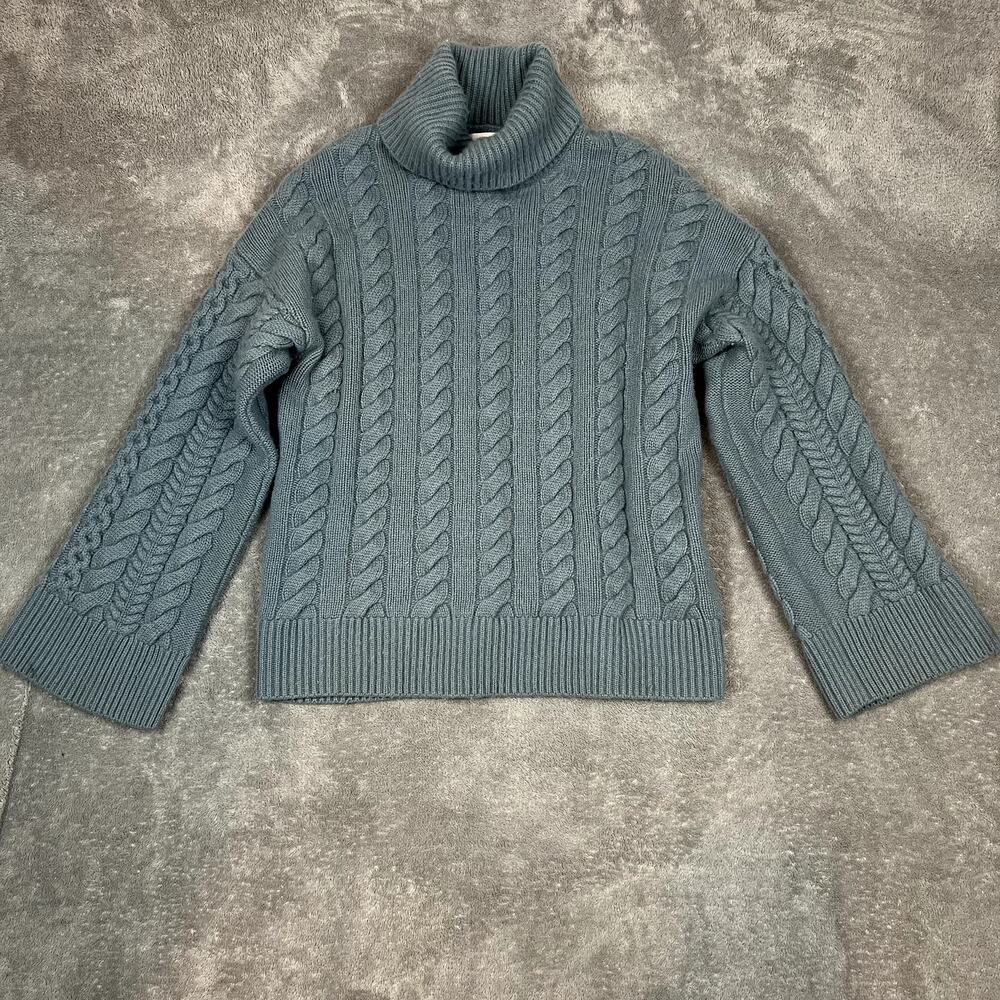 Naadam Turtleneck Sweater Womens M Wool Cashmere Blue Bell Sleeve Cableknit Luxe